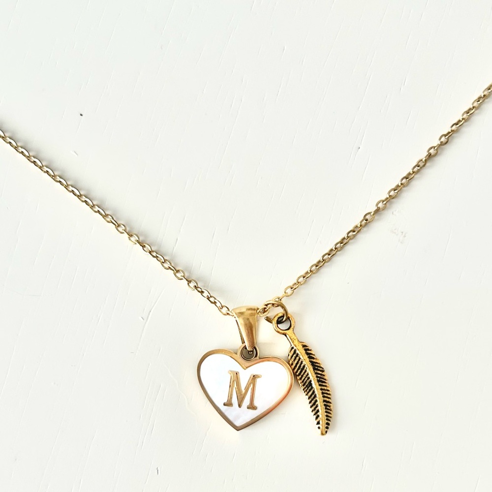 Initial Letter Necklace. M. Gold Heart and Feather 14k Gold Plated